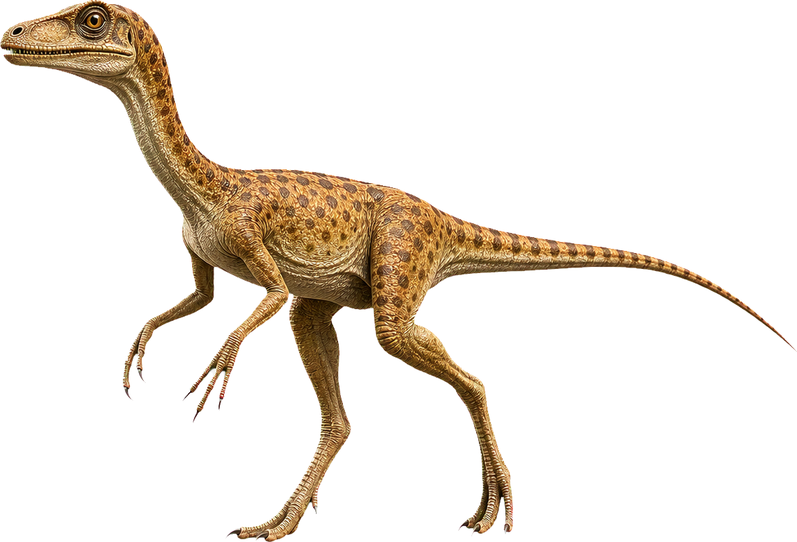 Tiny Compsognathus stands beside a child and stays well below knee height.