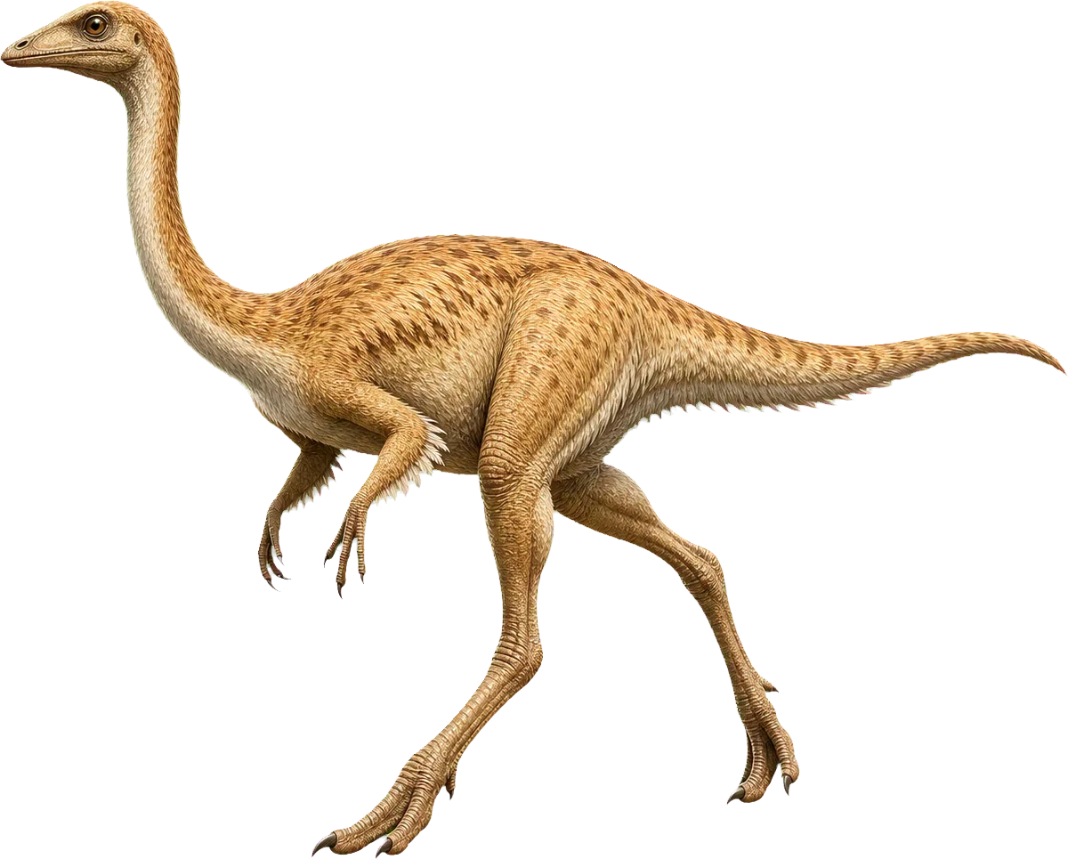 Long-legged Gallimimus stands beside a child and rises well above the child.