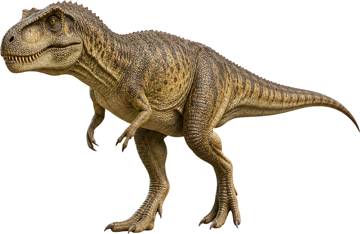 Huge Giganotosaurus stands beside a child and rises far above it with its long head.