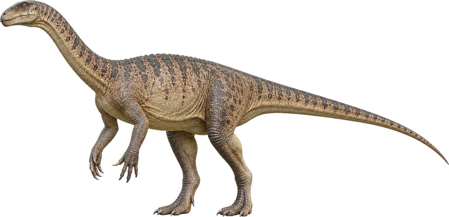 Large Plateosaurus stands beside a child and rises above it with a long neck.