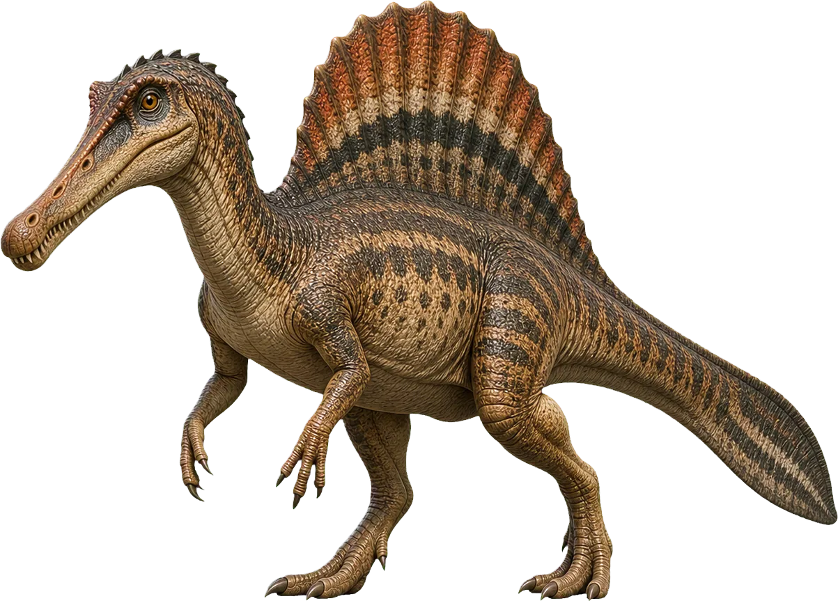 Huge Spinosaurus stands beside a child, its back sail rising much higher.