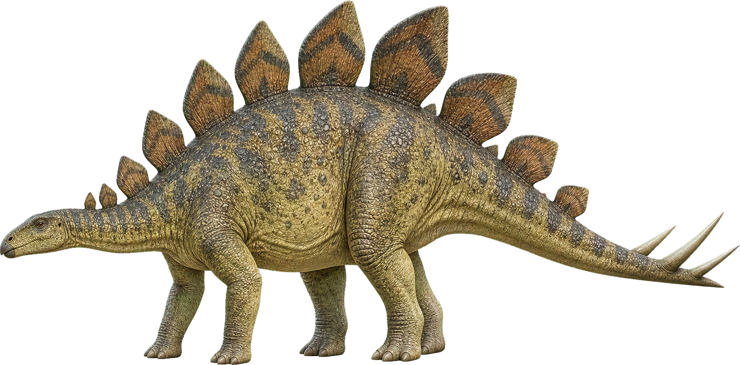 Stegosaurus stands beside a child, with back plates and tail spikes easy to see.