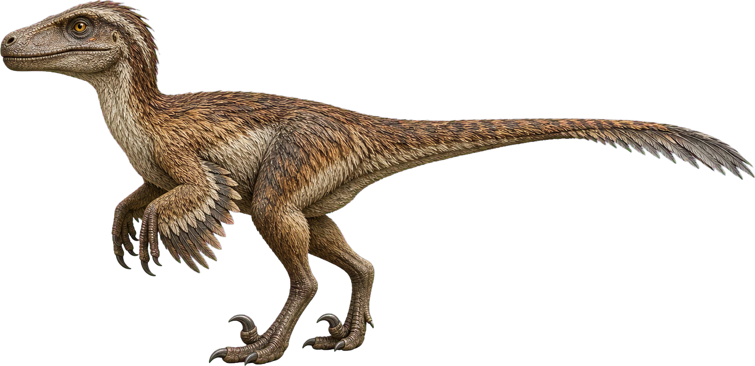 Small Velociraptor stands beside a child and reaches only around knee height.